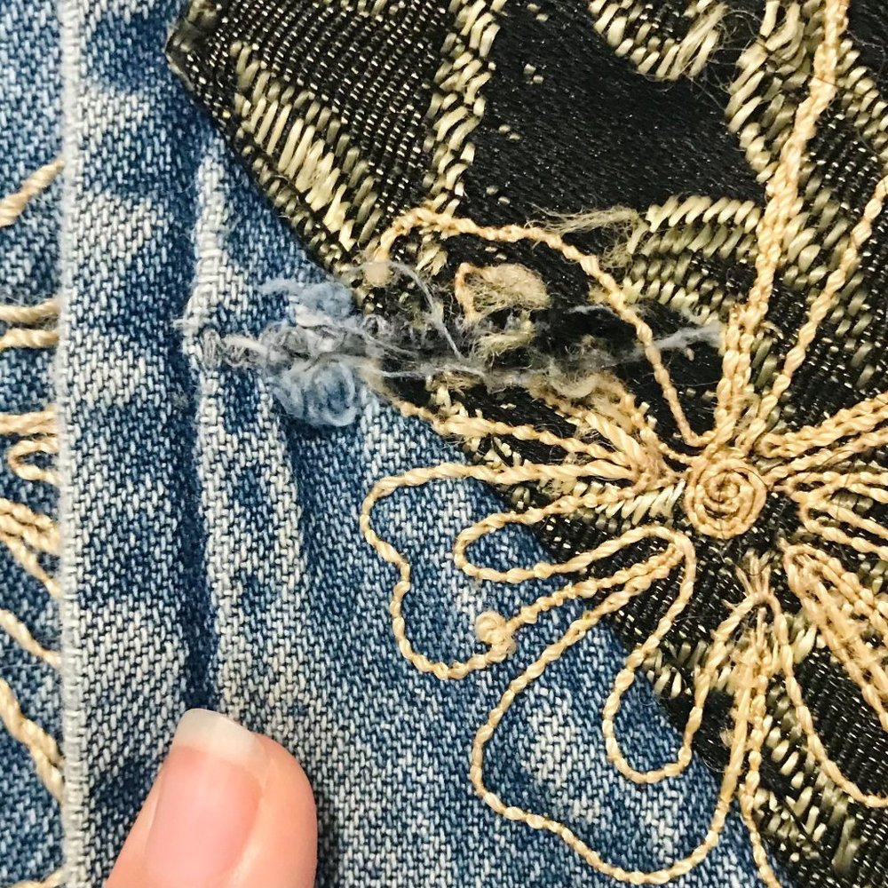 Vintage 90s Boho Patchwork Denim Oversized Jean Jacket / Size: Medium - Picture 6 of 7
